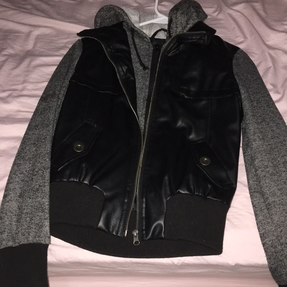Leather double zipper cozy hoodie